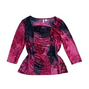 Vtg Red Black Floral Paisley ruched Square Neck Top L whimsigoth grunge emo